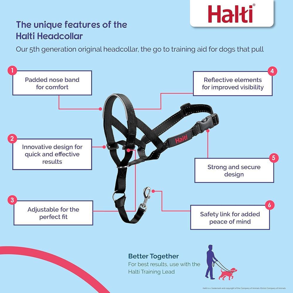 HALTI - Collar para la cabeza que evita que tu perro tire, ajustable, reflectante y ligero, con banda acolchada para la nariz