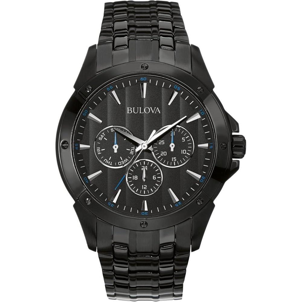 Bulova Men's Classic Dress 6-Hand Multi-Function Day/Date Quartz Watch, Black Patterned Dial, 43mm