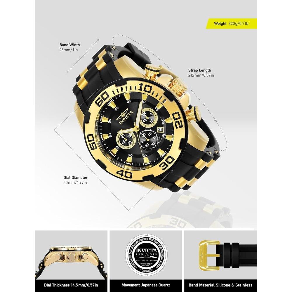 Reloj Invicta Pro Diver cronógrafo de cuarzo negro con pantalla analógica, diseño intrincado y subdiales precisos para hombre