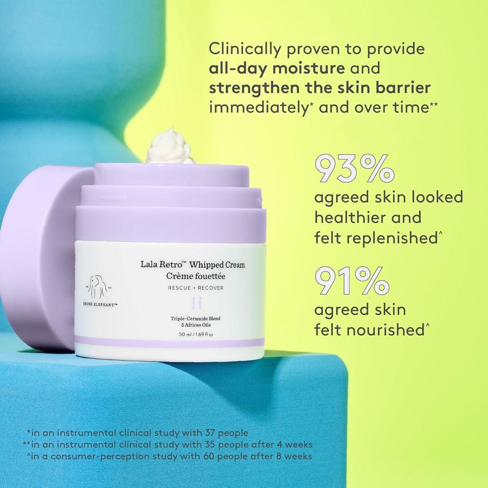 Drunk Elephant Lala Retro Whipped Cream, crema hidratante con ceramidas, sin aceites esenciales ni siliconas, testada dermatológicamente
