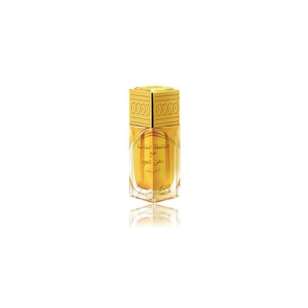 Rasasi Khaltat Al Khasa Ma Dhan Al Oudh Eau de Parfum en spray unisex, fragancia ámbar especial de larga duración