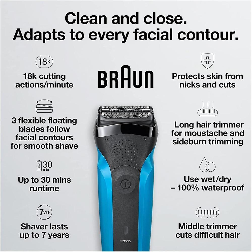 Afeitadora eléctrica en seco o húmedo Braun Series 3 310s, para hombres, recargable, azul
