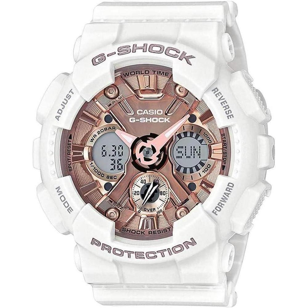 Reloj Casio G-Shock Blanco y Oro Rosa - Resistente al Agua y Golpes, Ideal para Mujer, Modelo GMS-S120MF-7A2CR