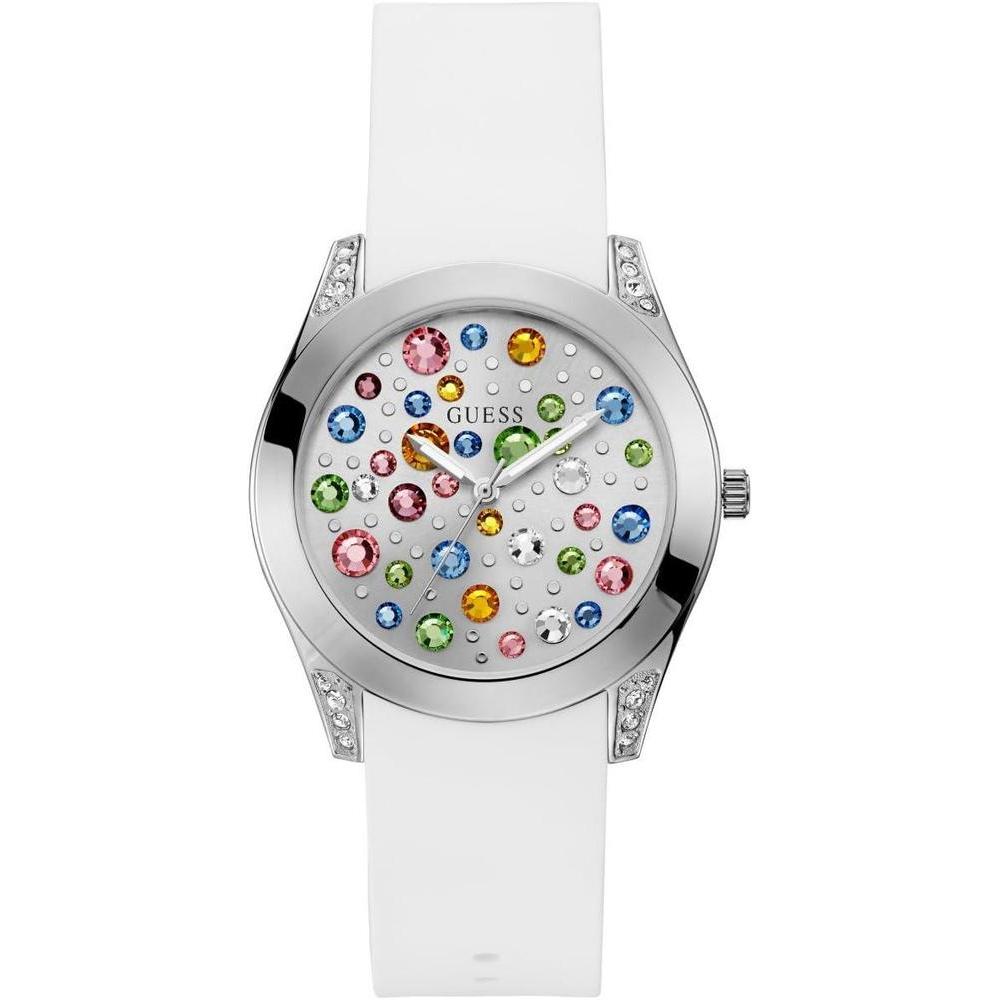 GUESS Silver-Tone + White Stain Resistant Silicone Multi-Colored Crystal Watch. Color: White (Model: U1059L1)