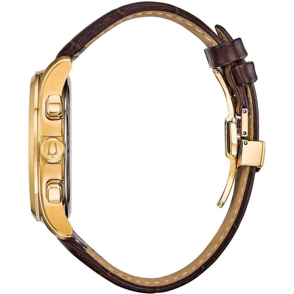 Bulova Reloj para hombre con correa de cuero marrón y cronógrafo clásico de acero inoxidable dorado