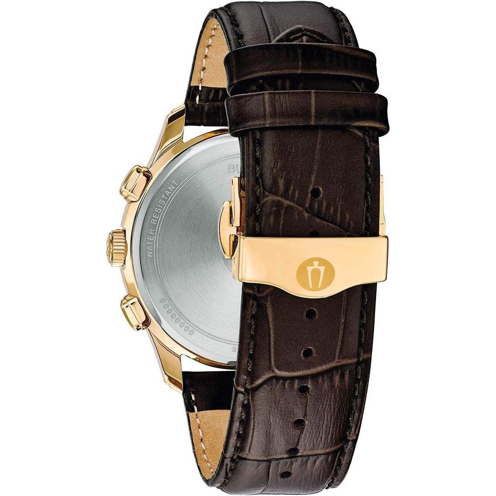 Bulova Reloj para hombre con correa de cuero marrón y cronógrafo clásico de acero inoxidable dorado