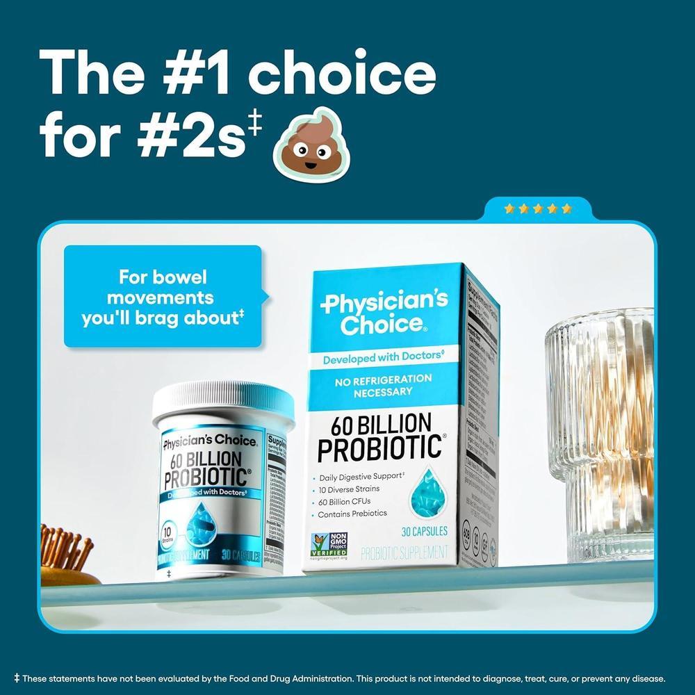 Probióticos Physician's CHOICE, 60 mil millones UFC, 10 cepas y prebióticos orgánicos para salud digestiva, intestinal e inmunológica
