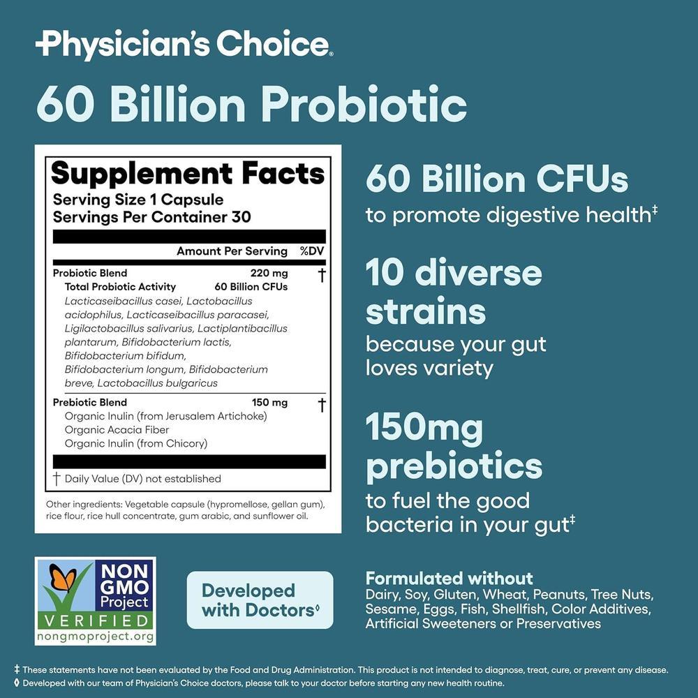 Probióticos Physician's CHOICE, 60 mil millones UFC, 10 cepas y prebióticos orgánicos para salud digestiva, intestinal e inmunológica