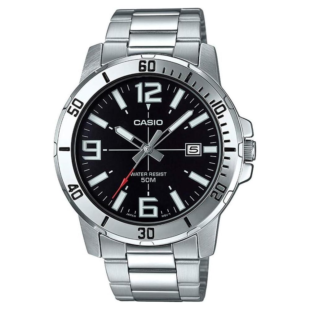 Casio MTP-VD01D-1BV Men's Enticer Stainless Steel Black Dial Casual Analog Sporty Watch, Silver, 48×42×10.7mm, Quartz Movement