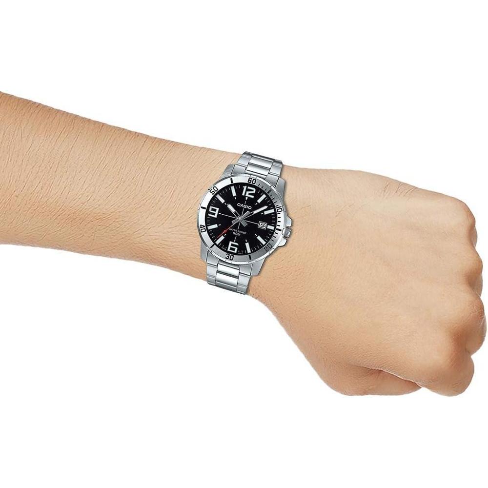 Casio MTP-VD01D-1BV Reloj deportivo analógico para hombre, dial negro, movimiento de cuarzo, acero