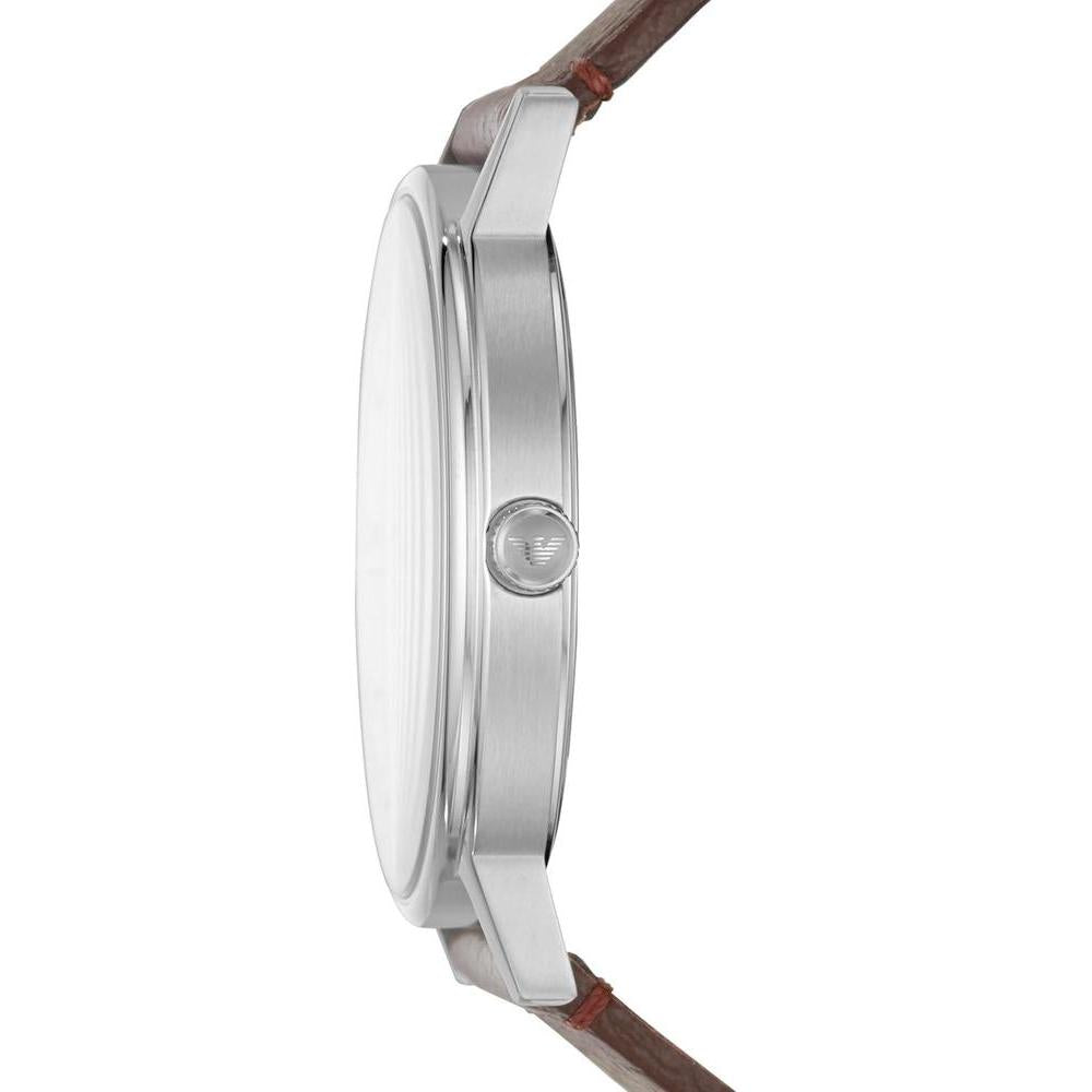 Emporio Armani Reloj de cuero para hombre con tres manecillas, esfera blanca y correa marrón de cuero