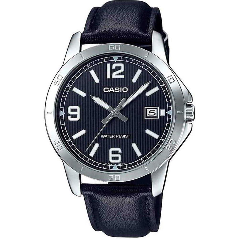 Casio MTP-V004L-1B Men's Stainless Steel Black Leather Band Black Dial Date Watch
