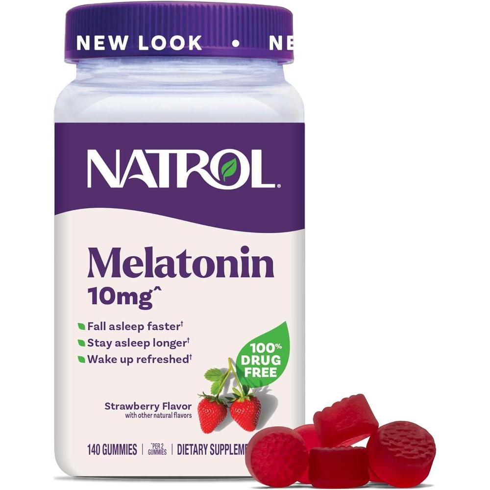 Gomitas de melatonina Natrol para adultos con 10 mg, sabor fresa, 140 unidades para apoyo al sueño hasta 70 días