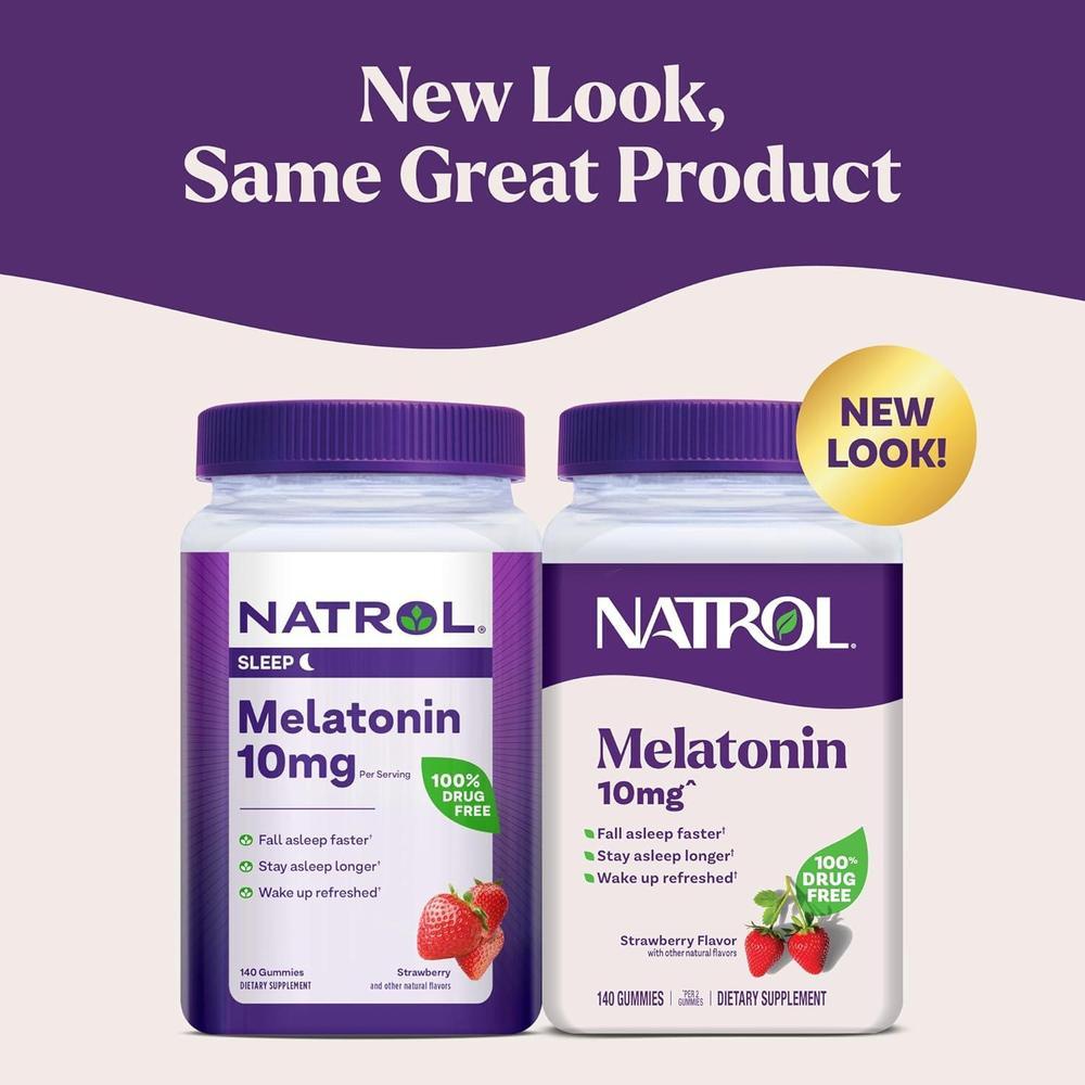 Gomitas de melatonina Natrol para adultos con 10 mg, sabor fresa, 140 unidades para apoyo al sueño hasta 70 días