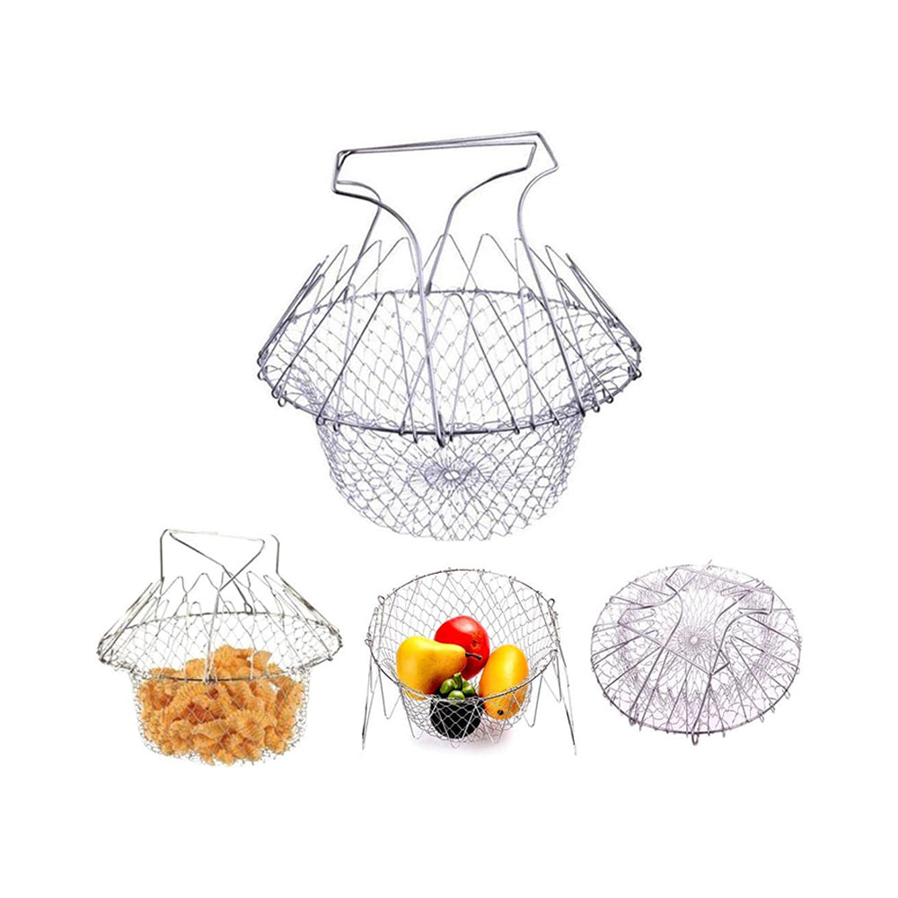 WAFJAMF Deep Fry Basket - 304 Stainless Steel - Multi-Function Foldable Chef Cooking Basket, Flexible Kitchen Tool for Fried Food, Washing Fruits, Vegetables