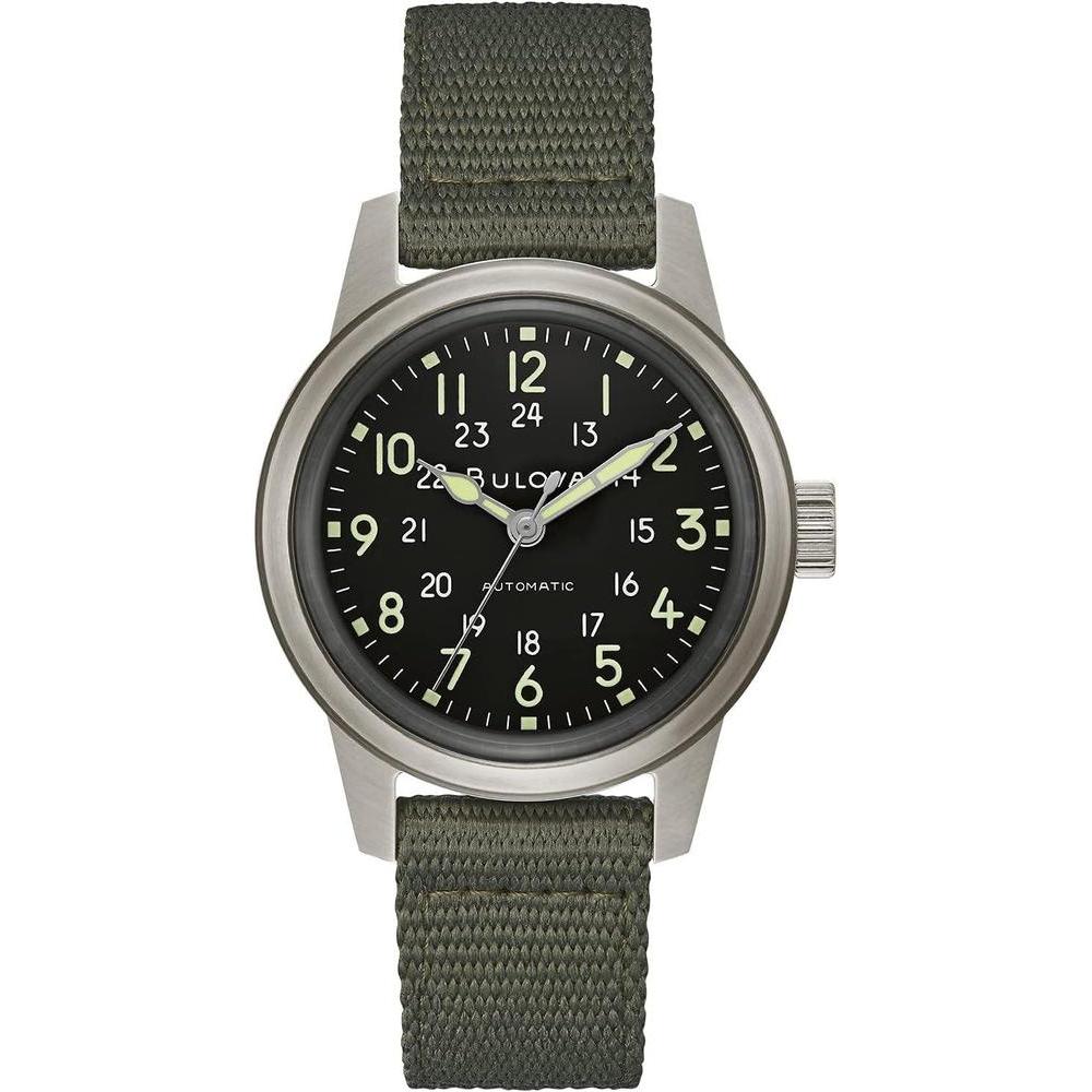 Bulova Men's Military Heritage Hack Veteran's Watchmaking Initiative Watch in Stainless Steel with 3-Hand Automatic, Black NATO Leather Strap Style: 96A259