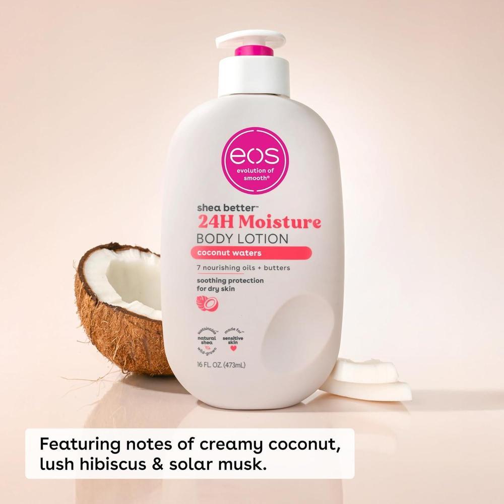 eos Loción corporal Coconut Waters, cuidado de piel 24 horas, ligera, no grasa, con karité natural, vegana, libre de crueldad