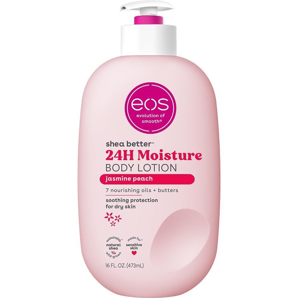 eos Shea Better Loción corporal Jasmine Peach, cuidado de la piel con humedad las 24 horas, ligera y no grasosa, karité natural, vegano, 16 onzas líquidas