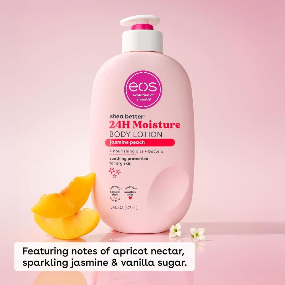 eos Shea Better Loción corporal Jasmine Peach, cuidado de la piel 24 horas, ligera, vegana y con karité natural