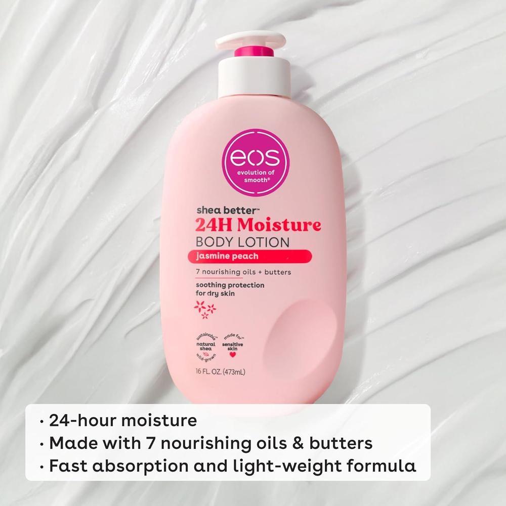 eos Shea Better Loción corporal Jasmine Peach, cuidado de la piel 24 horas, ligera, vegana y con karité natural