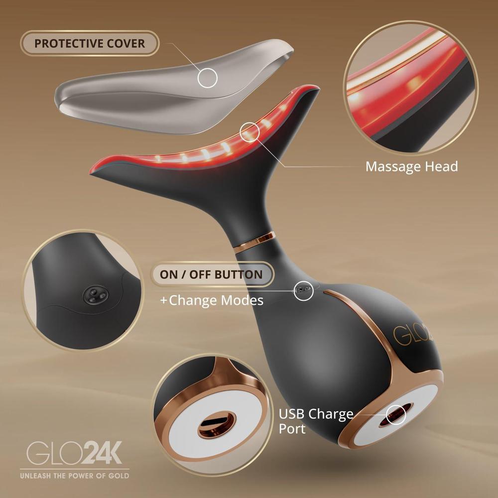GLO24K Dispositivo facial y cuello con luz roja, masajeador 3 en 1 con vibración y LED para revitalizar y reafirmar la piel