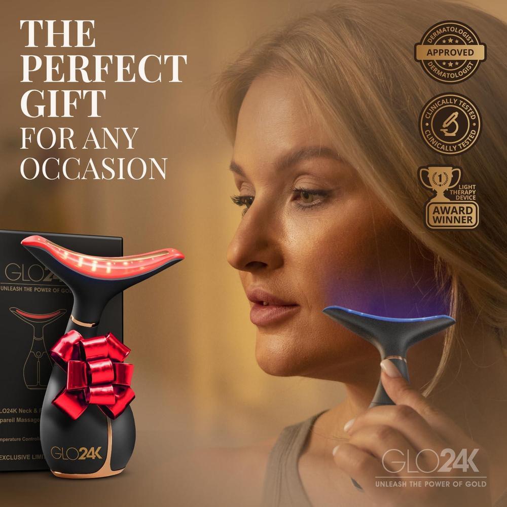 GLO24K Dispositivo facial y cuello con luz roja, masajeador 3 en 1 con vibración y LED para revitalizar y reafirmar la piel