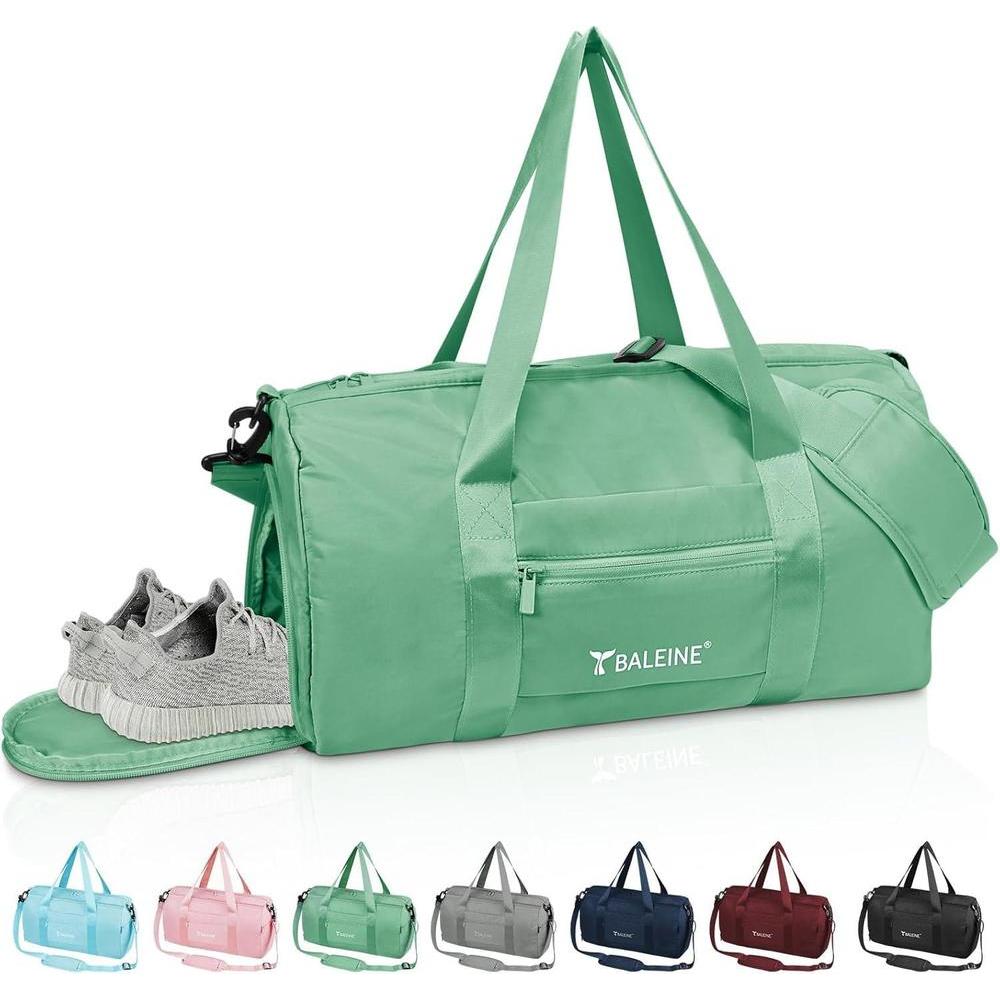 BALEINE Gym Bag for Women and Men, Duffel Bag for Sports, Gyms and Weekend Getaway, Waterproof Dufflebag with Shoe and Wet Clothes Compartments, Lightweight Carryon Gymbag (Green)