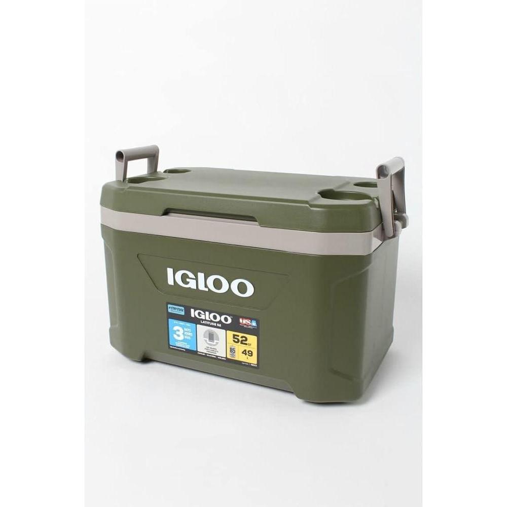 Nevera Igloo Sportsman Latitude 52 portatil para camping y pesca, capacidad 49 L y diseño duradero verde