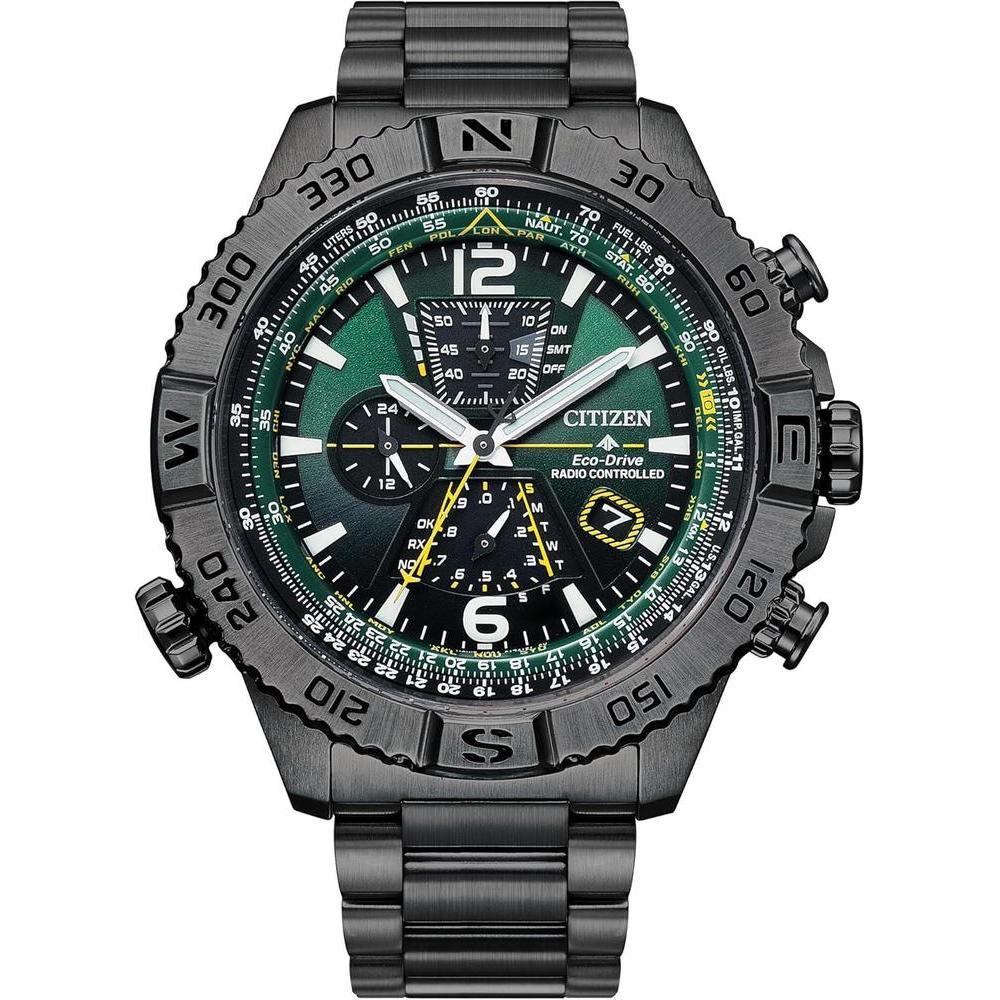 Citizen Men's Eco-Drive Promaster Navihawk A-T Watch, Green Dial, Gray Stainless Steel Bracelet, Atomic Timekeeping (Model: AT8227-56X)