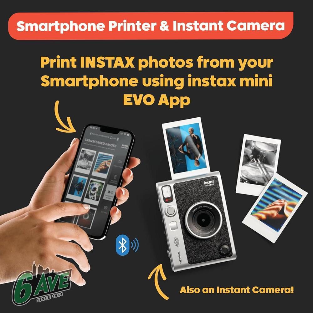 Fujifilm Instax Mini EVO Cámara Híbrida Instantánea Paquete con Película, Tarjeta de Memoria y Estuche