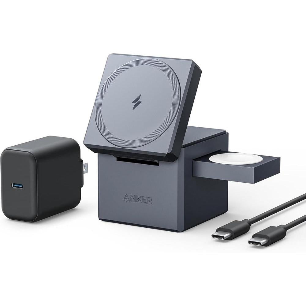 Anker MagSafe Charger Stand, iPhone 16 Wireless Charger, 3-in-1 Cube with MagSafe, 15W Foldable Fast Charging Stand, For iPhone 16/15/14/13, Apple Watch 1-8/Ultra, AirPods (30W USB-C Charger Included)