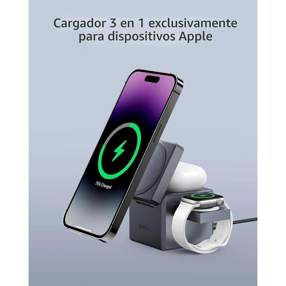 Anker Soporte cargador 3 en 1 con MagSafe para iPhone y Apple Watch, diseño plegable con carga rápida de 15W