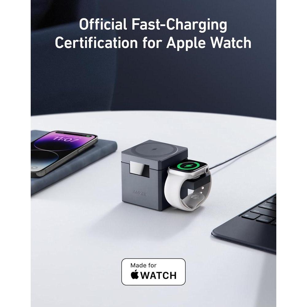 Anker Soporte cargador 3 en 1 con MagSafe para iPhone y Apple Watch, diseño plegable con carga rápida de 15W