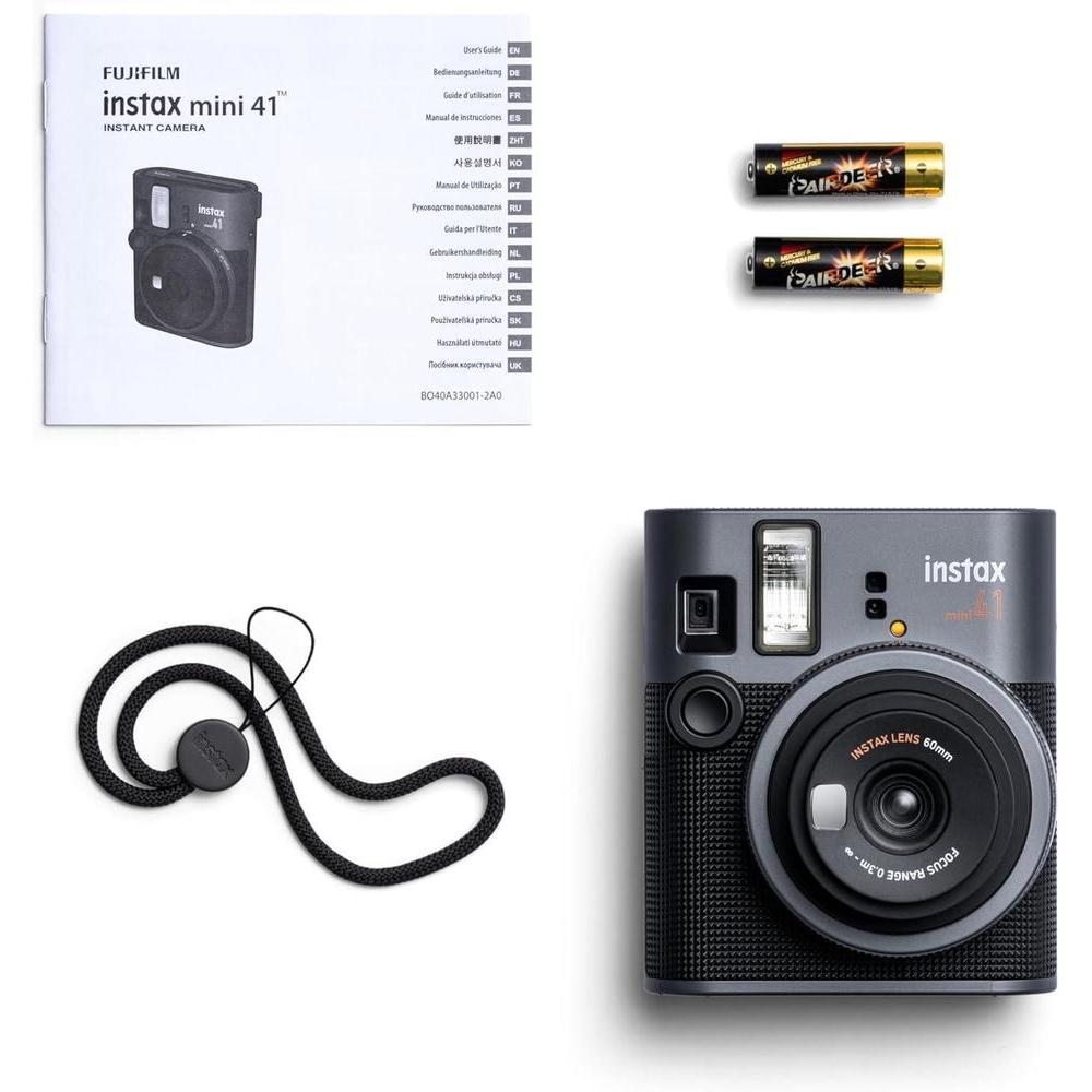 Fujifilm Instax Mini 41 Cámara instantánea en color negro con accesorios y película instantánea Fujifilm