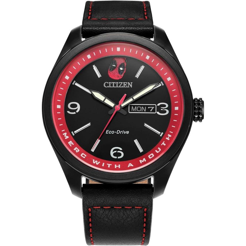 Citizen Men's Eco-Drive Marvel 'Here Comes Deadpool' Black Ion Plated Stainless Steel Case with Black Leather Strap Watch,Black Dial,42mm (Model: AW0145-02W)