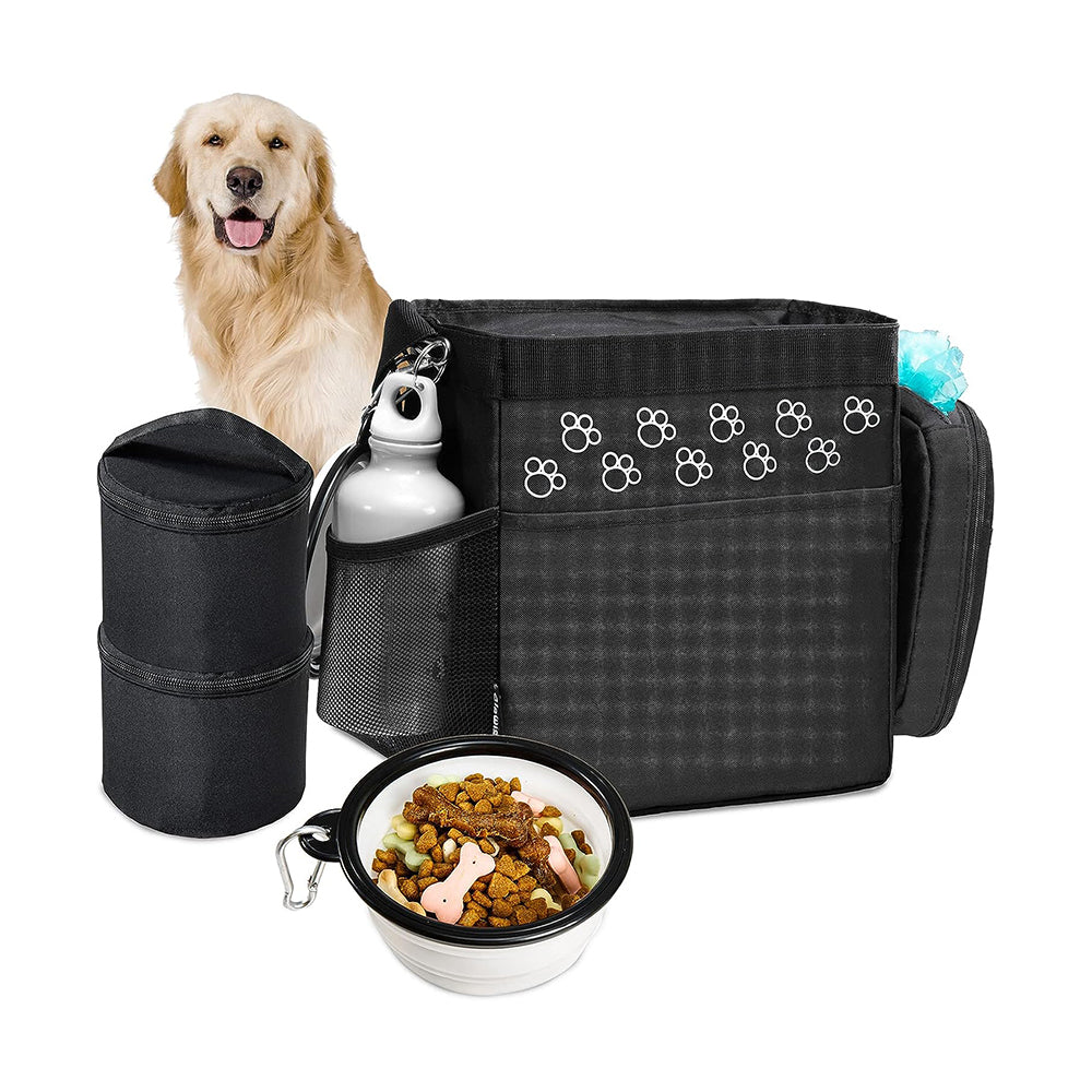 CLAWIST Bolsa de viaje para perros con bolsa de golosinas, bolsas para perros aprobadas por aerolíneas para viajes, 2 contenedores de comida para perros, 2 cuencos de viaje, bolsa de viaje para perros de fin de semana para suministros, kit de viaje para perros accesorios