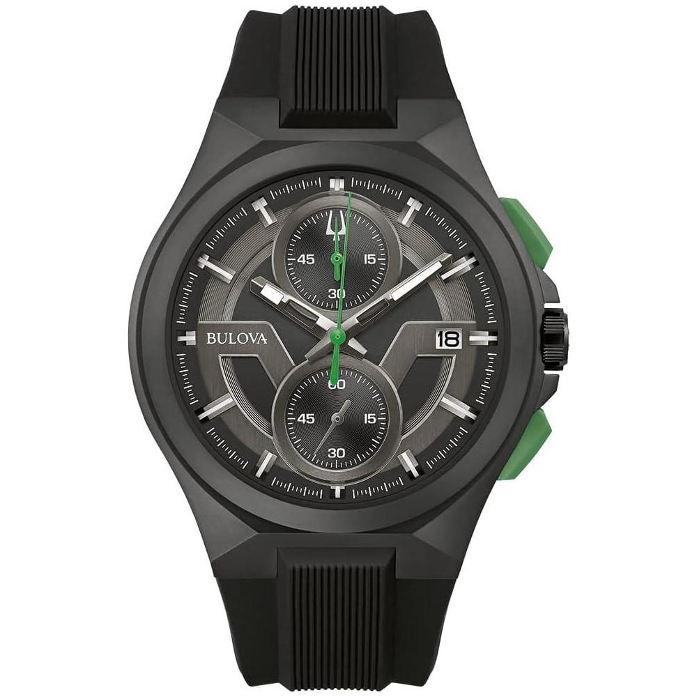 Bulova Men's Maquina Sport Black Ion-Plated Stainless Steel Case, 6-Hand Chronograph Quartz Watch with Matte Black Silicone Strap, Sapphire Crystal, Black Strap/ Green Accents
