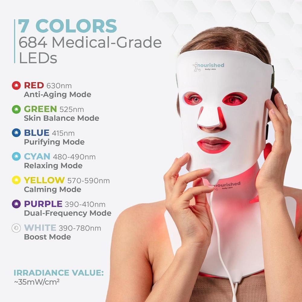 Máscara facial y cuello con terapia de luz LED, 7 colores para rejuvenecimiento y tratamiento antienvejecimiento de arrugas