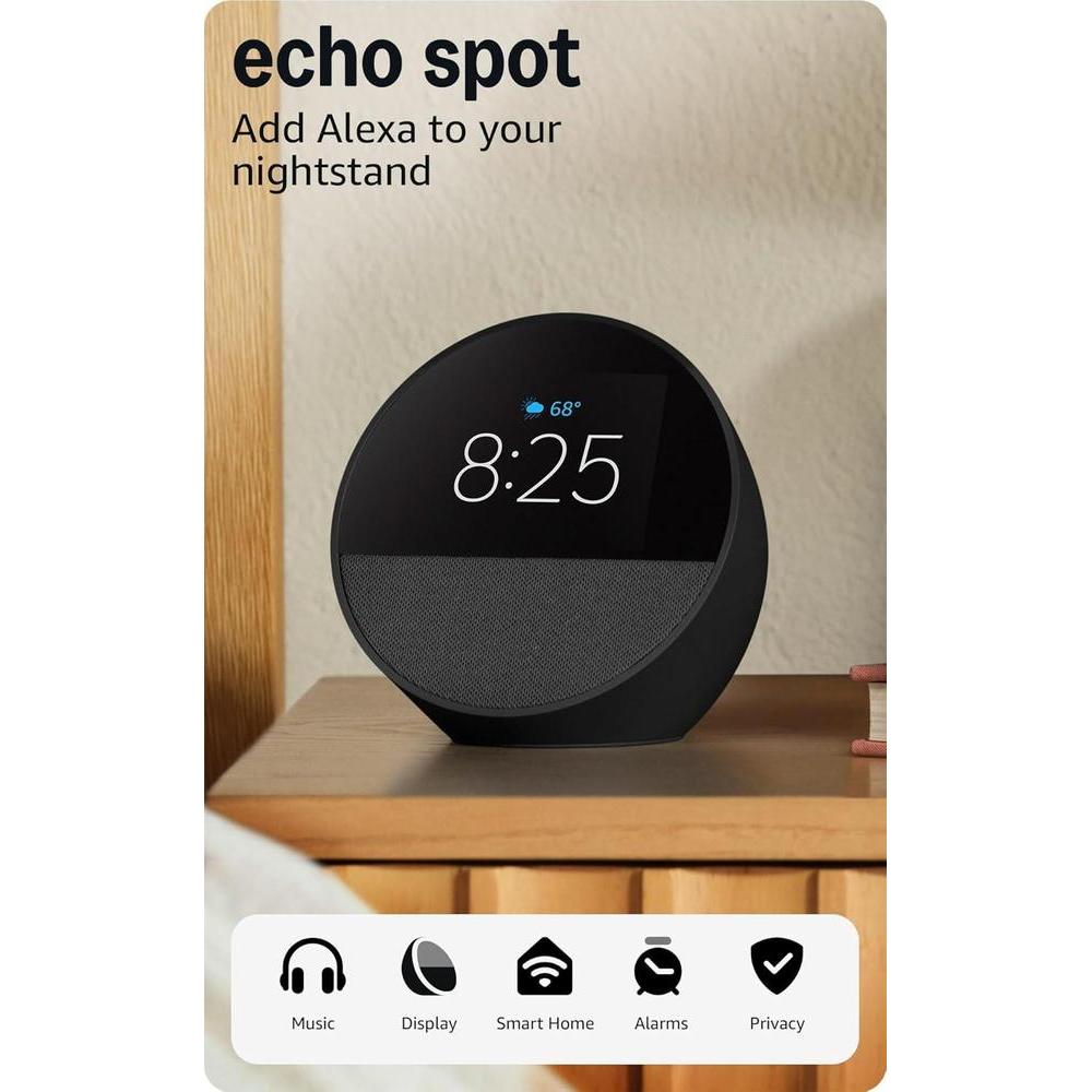 All-new Amazon Echo Spot (2024 release), Smart alarm clock with vibrant sound + Alexa, Black