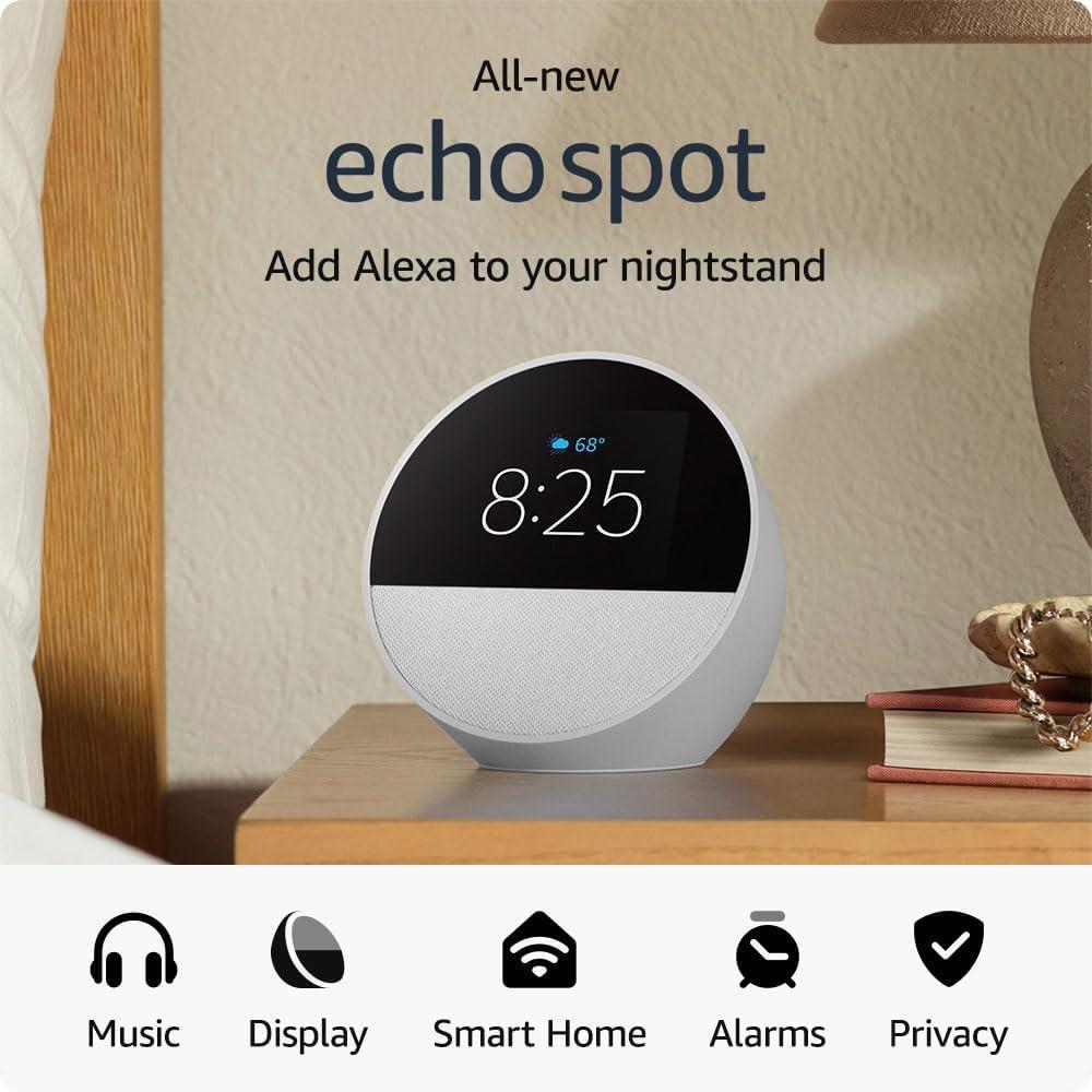 Nuevo Amazon Echo Spot 2024, despertador inteligente con sonido vibrante Blanco Glaciar con Alexa integrada