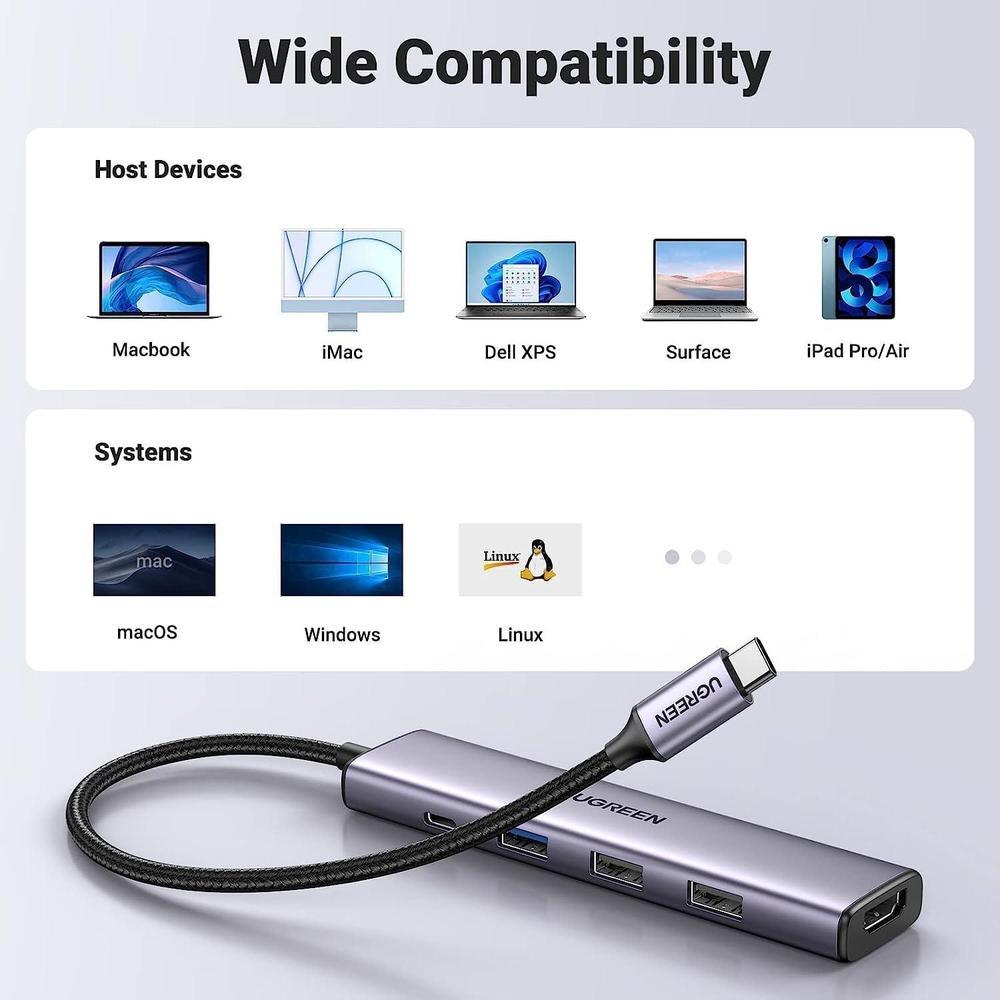 UGREEN Revodok 105 USB C Hub Adaptador multipuerto HDMI 4K, entrega de energía 100W, 3 puertos USB-A para MacBook Pro/Air, iPad Pro