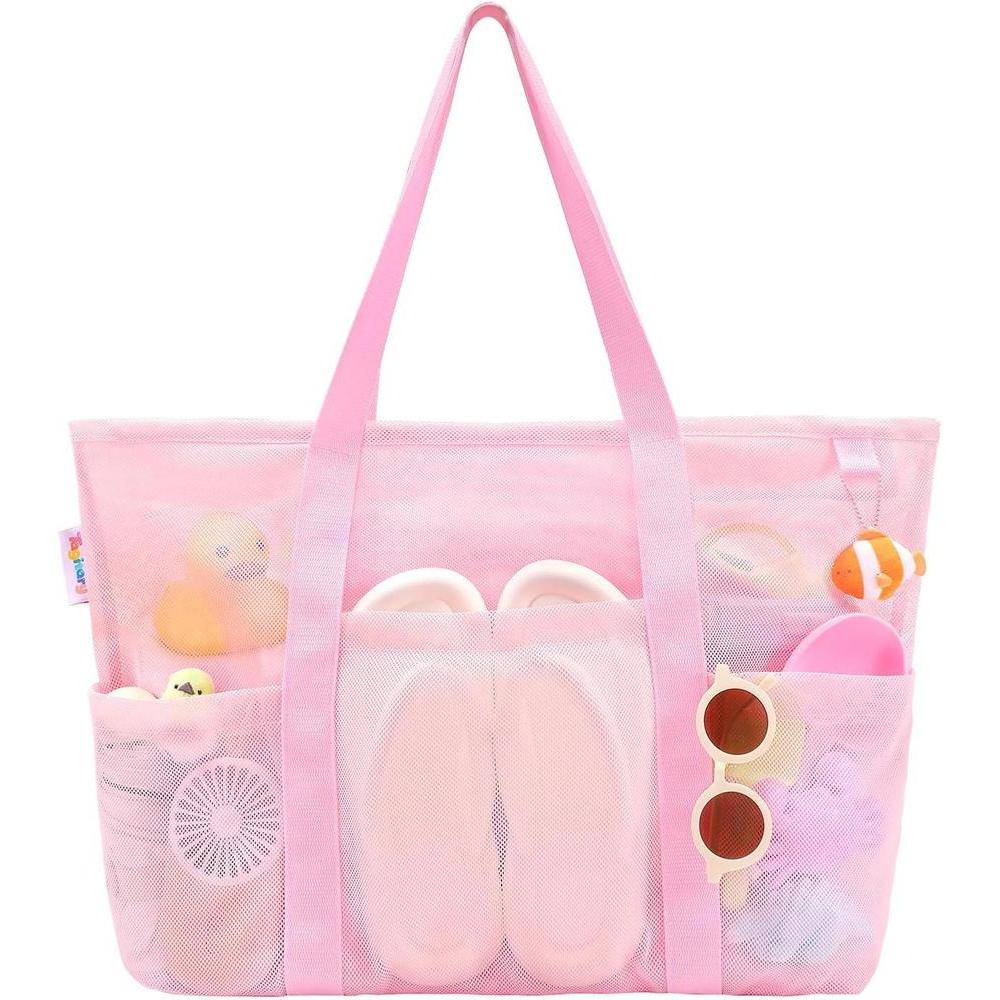 Tagitary Mesh Beach Bag with Zipper Large Beach Tote Waterproof Sandproof with 8 Pockets for Toys Pool Bag Beach Accessories