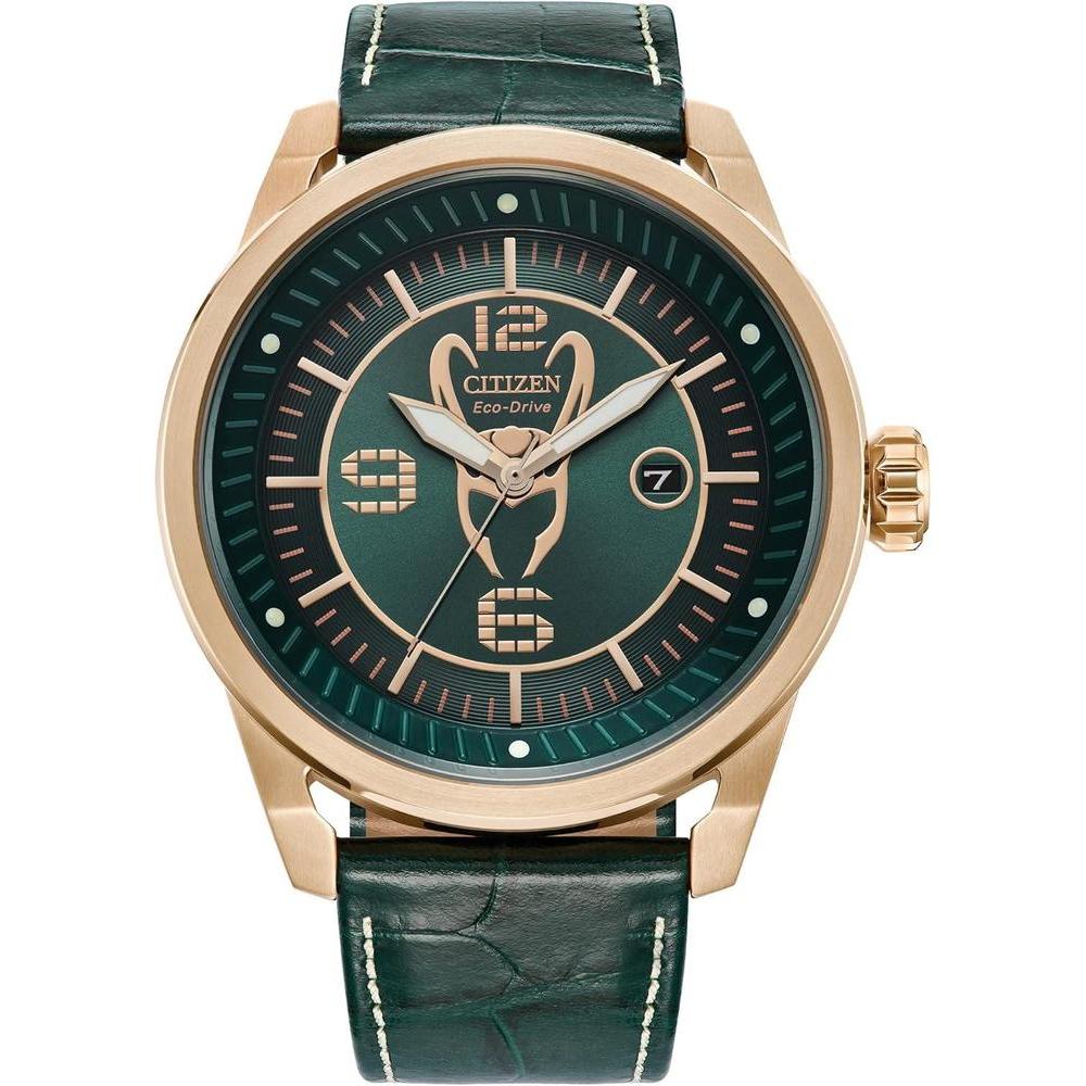 Citizen Eco-Drive Men's Marvel Villians Loki Rose Gold Stainless Steel Case Watch with Deep Green Crocodile Textured Leather Strap, 45mm (Model: AW1363-06W)