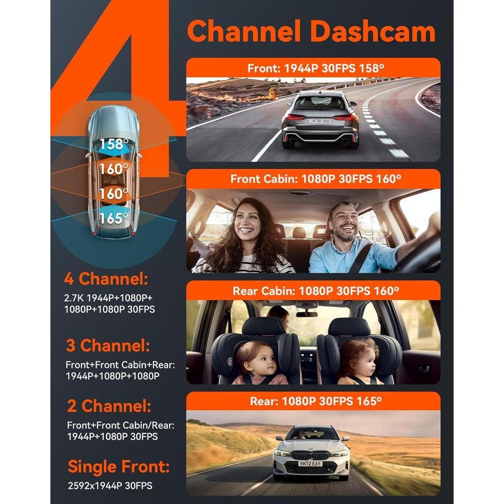 Vantrue N5 Dash Cam de 4 canales con conectividad WiFi y visión nocturna, grabación en 360 grados y control de voz