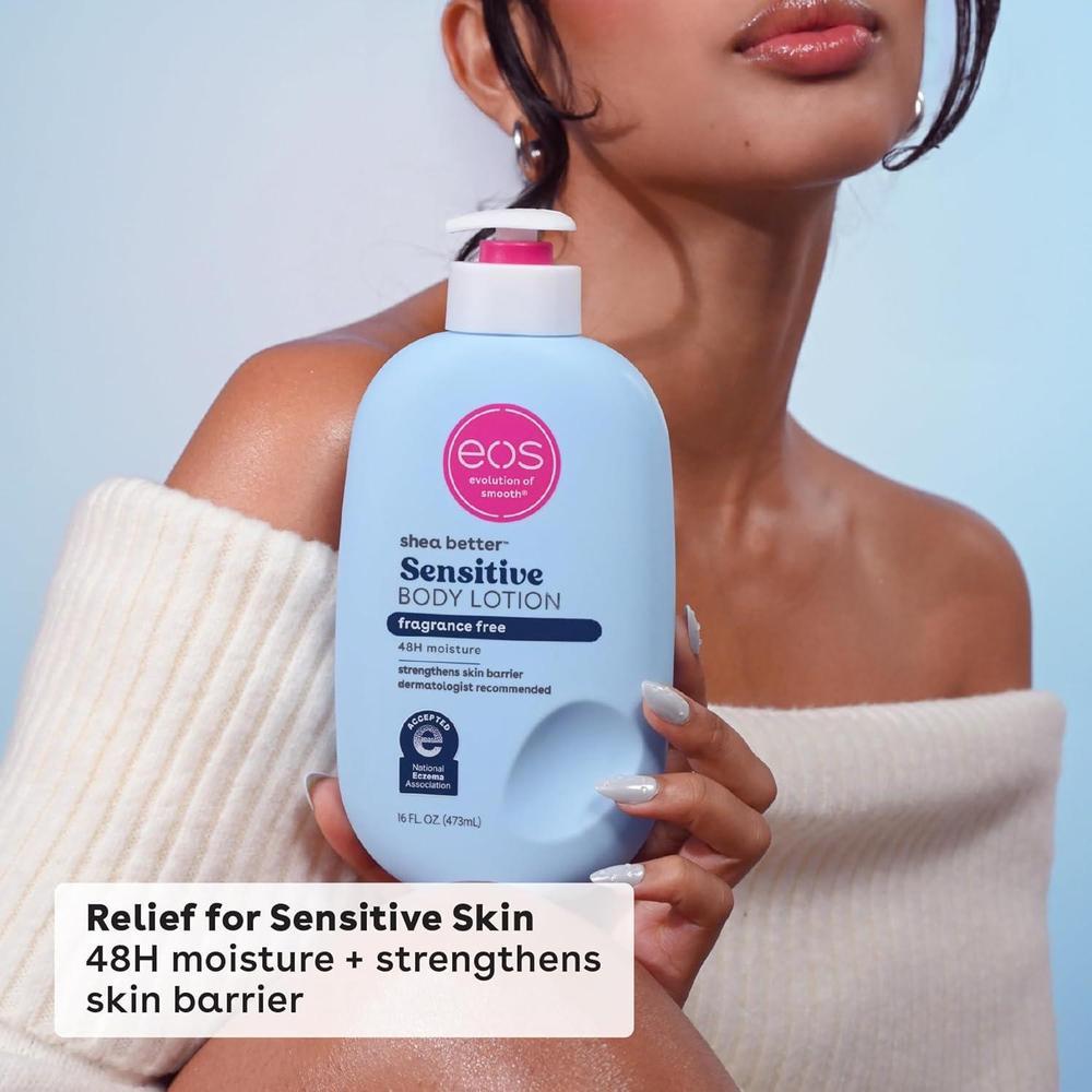 Loción corporal eos Shea Better para piel sensible con hidración de 48 horas, sin fragancia, vegana