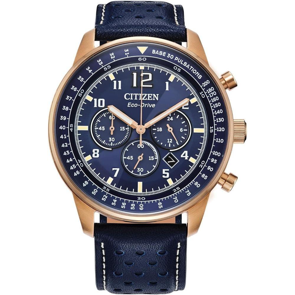 Citizen Men's Eco-Drive Weekender Sport Casual Chronograph Rose Gold Stainless Steel Watch with Blue Leather Strap, Blue Dial (Model: CA4503-00L)