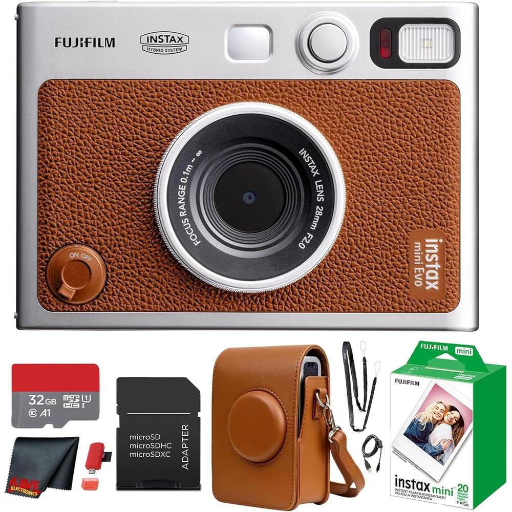 Fujifilm Instax Mini EVO Hybrid Instant Camera (Brown) Bundle with Instax-Mini Twin Pack Instant-Film 20 Sheets + 32GB Memory Card + Vintage Black Mini-Evo Camera Case + Cleaning Cloth