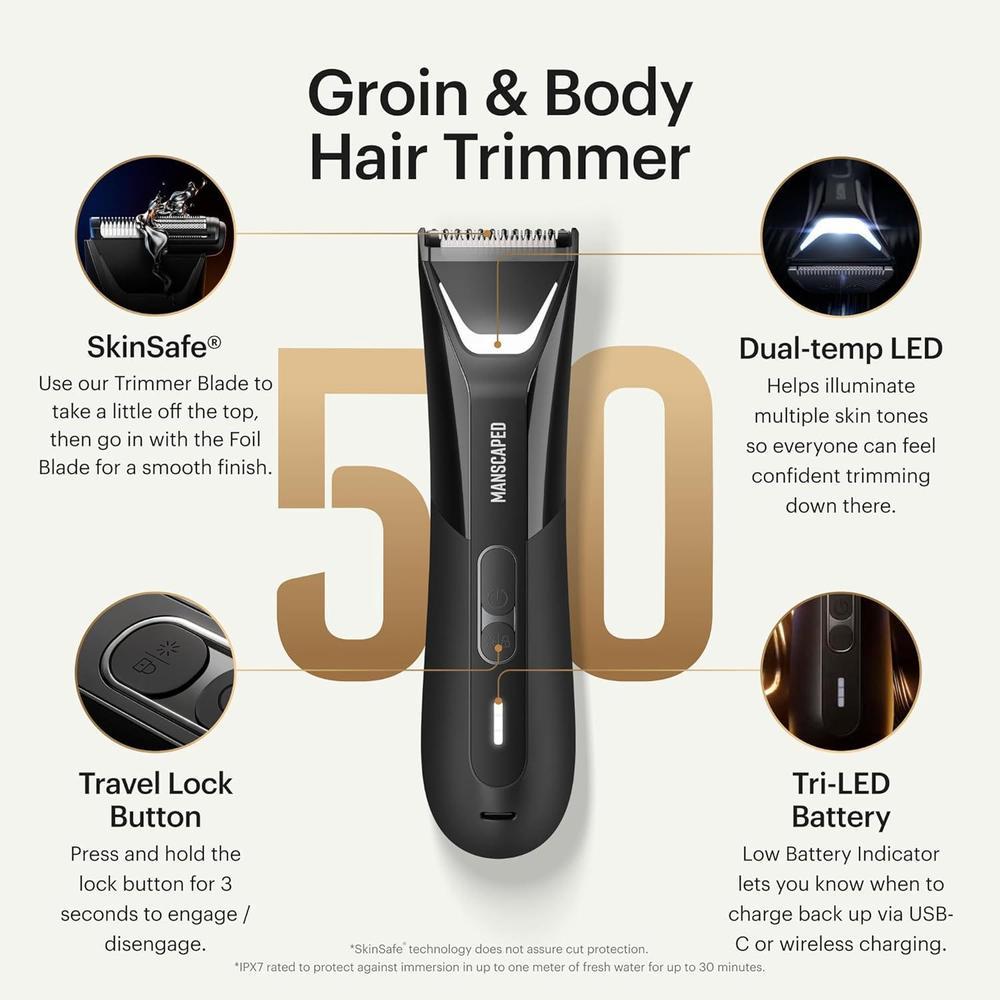 MANSCAPED The Lawn Mower 5.0 Ultra, Recortadora Corporal y de Ingle con Doble Cabezal SkinSafe Impermeable y Recargable