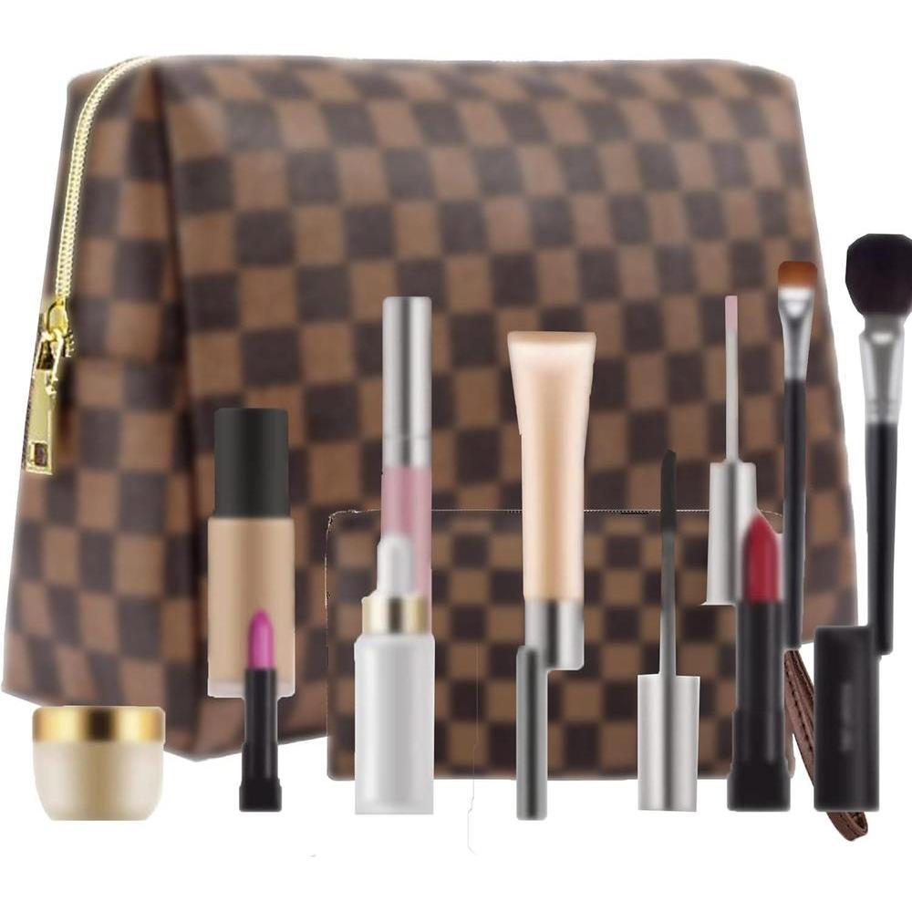 Makeup Bag, Cosmetic Bag, Portable Leather Large Checkered Makeup Bag, 2 Pack Large Capacity Travel Cosmetic Bag for Women, Lightweight Design and Waterproof Toiletries Bag Christmas Gifts