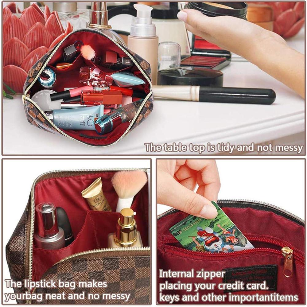 Bolsa de maquillaje de cuero grande a cuadros con gran capacidad, paquete de 2, diseño elegante y ligero para mujeres